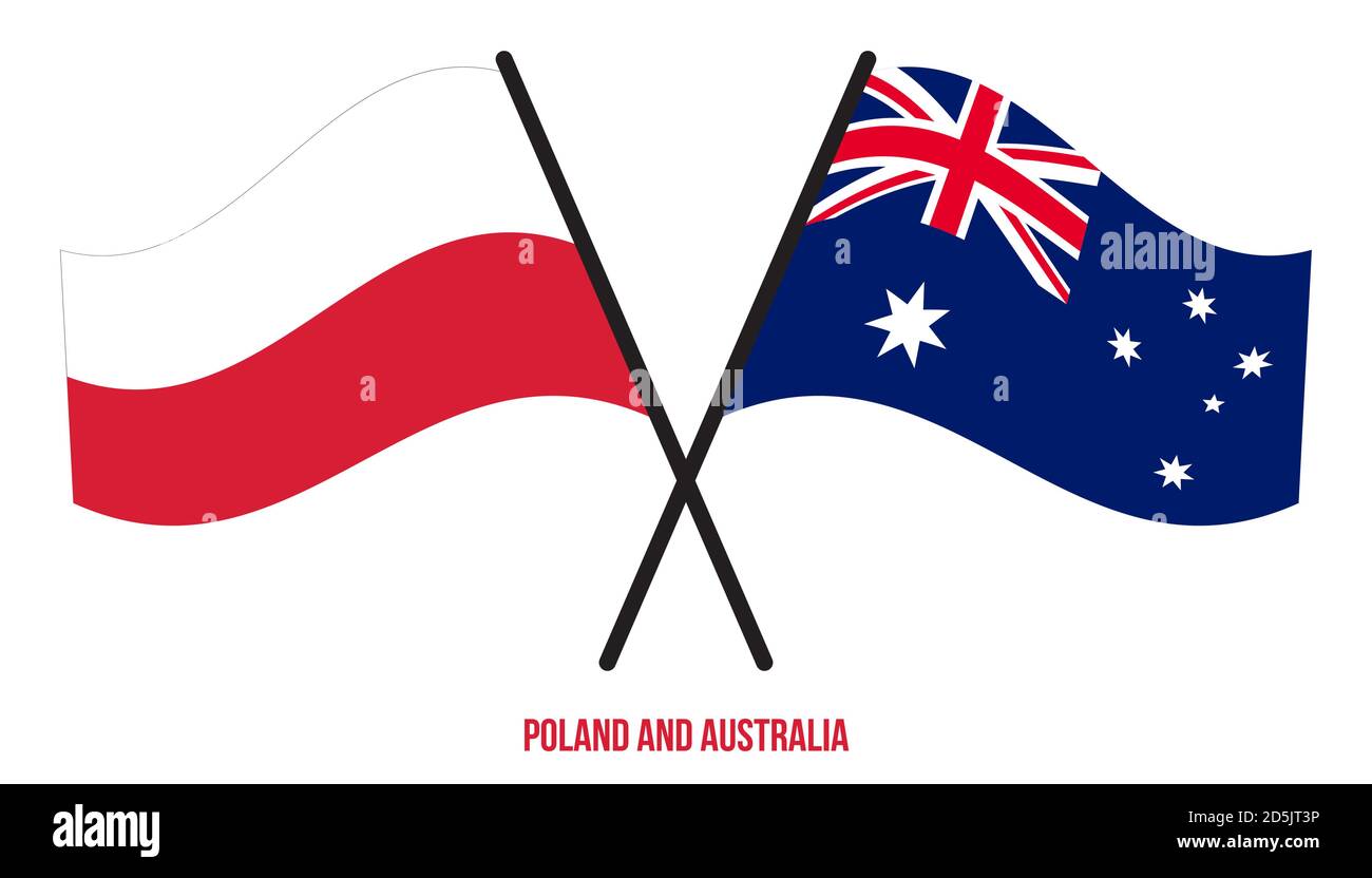 Pologne et Australie drapeaux croisés et ondulant style plat. Proportion officielle. Corriger les couleurs. Illustration de Vecteur