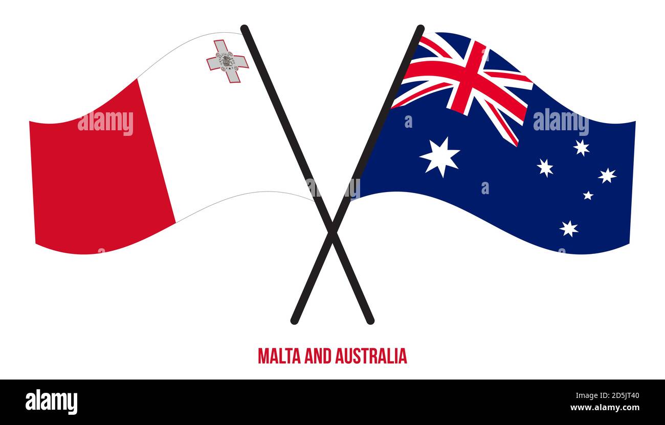 Malte et l'Australie drapeaux croisés et ondulés de style plat. Proportion officielle. Corriger les couleurs. Illustration de Vecteur