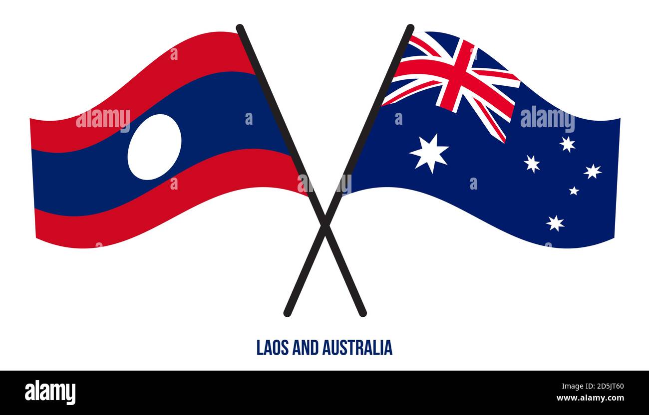 Drapeau du Laos et de l'Australie croisé et agité de style plat. Proportion officielle. Corriger les couleurs. Illustration de Vecteur