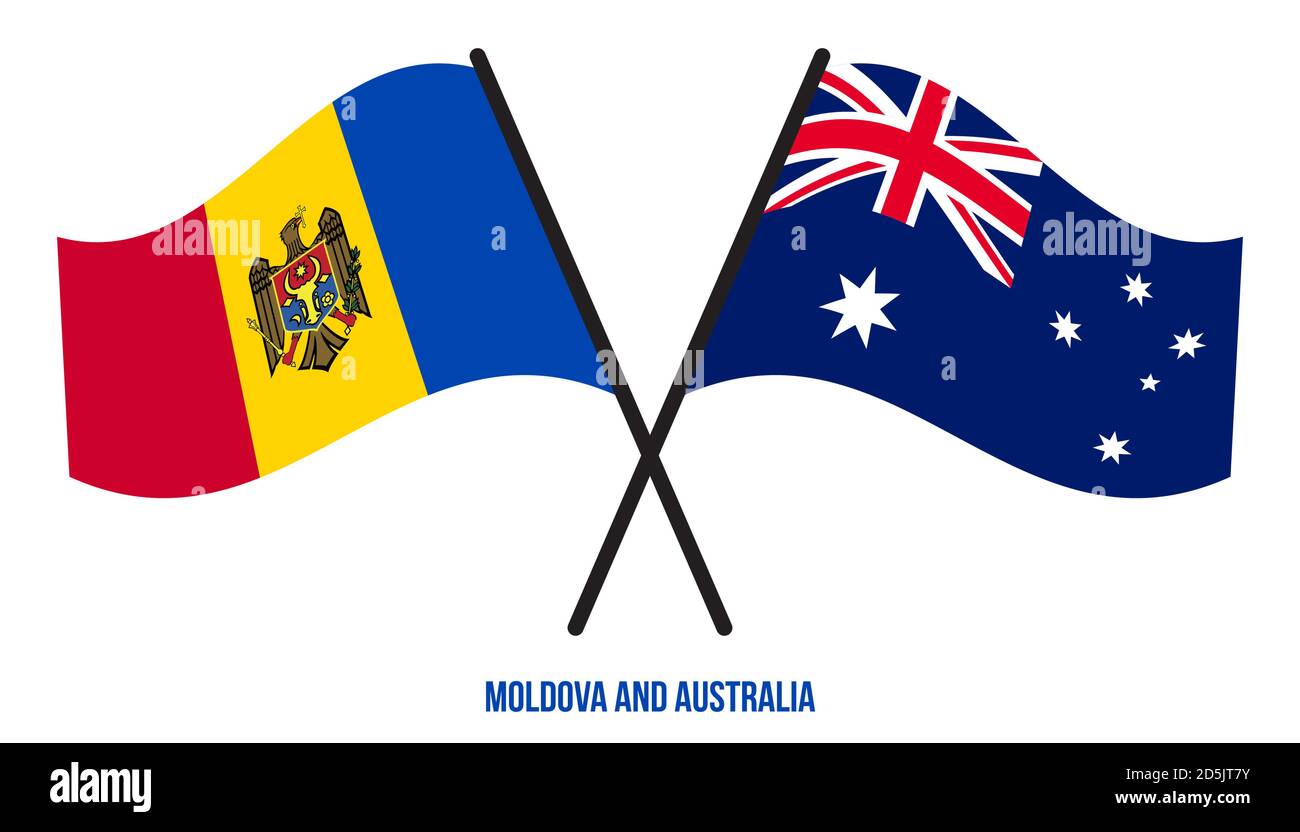 Moldavie et Australie drapeaux croisés et ondulant le style plat. Proportion officielle. Corriger les couleurs. Illustration de Vecteur
