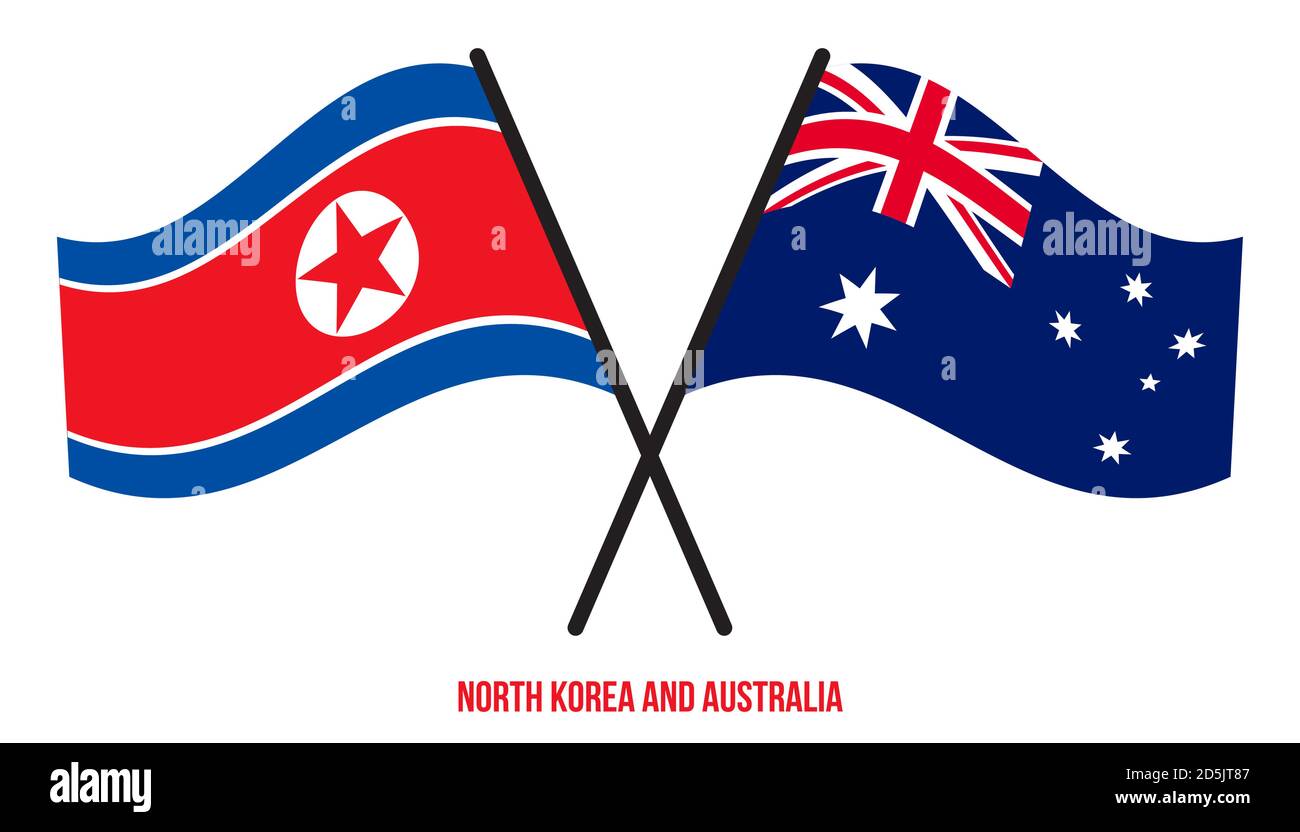 Corée du Nord et Australie drapeaux croisés et ondulant le style plat. Proportion officielle. Corriger les couleurs. Illustration de Vecteur