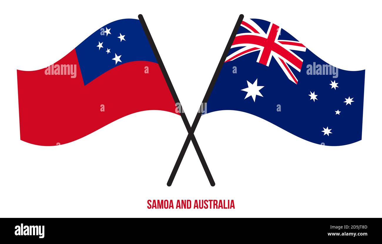 Samoa et Australie drapeaux croisés et ondulés de style plat. Proportion officielle. Corriger les couleurs. Illustration de Vecteur