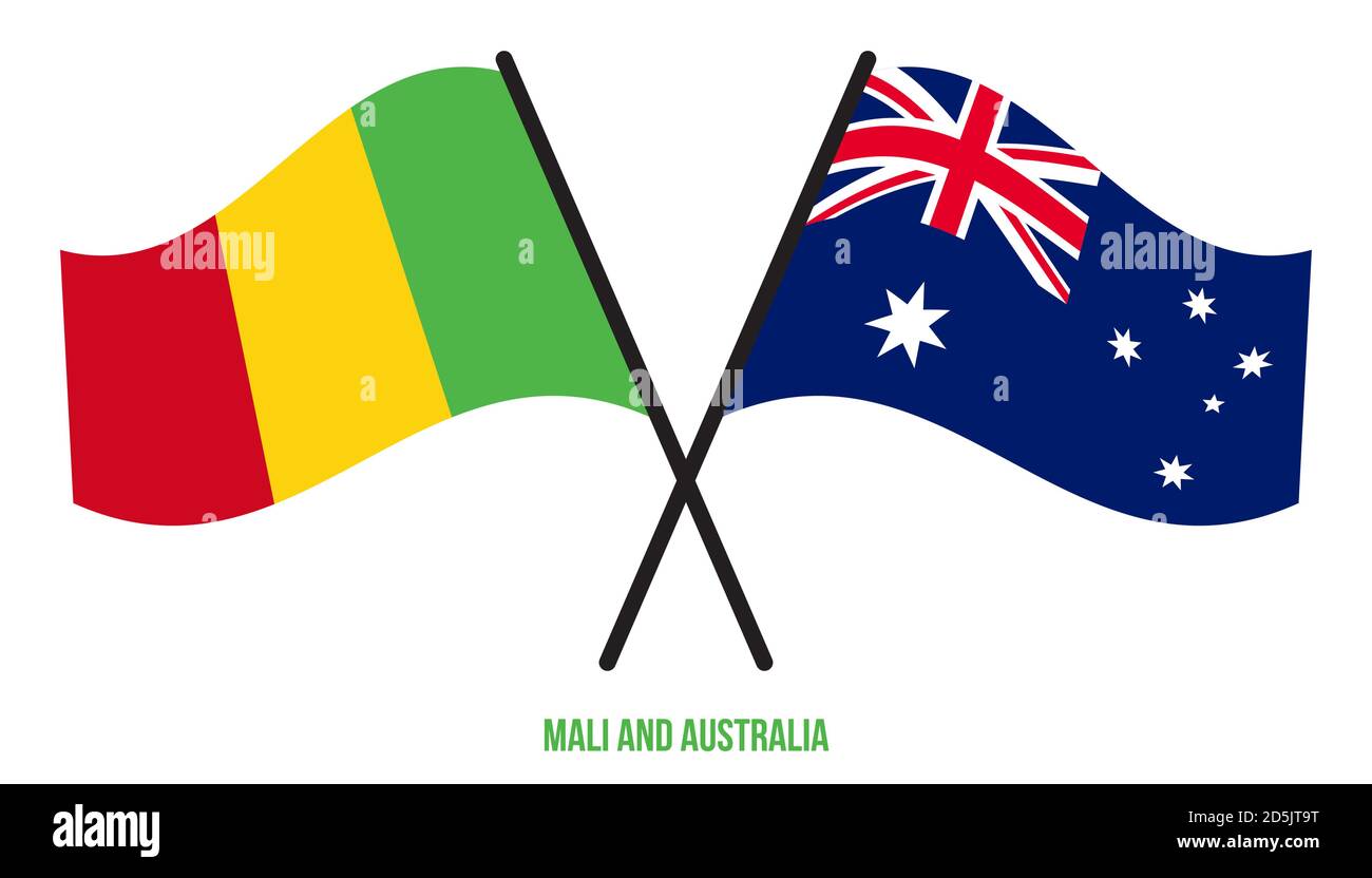 Mali et Australie drapeaux croisés et ondulant le style plat. Proportion officielle. Corriger les couleurs. Illustration de Vecteur