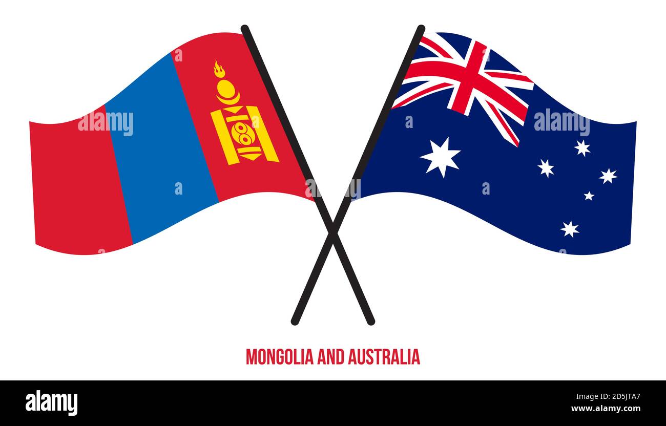 Mongolie et Australie drapeaux croisés et ondulés de style plat. Proportion officielle. Corriger les couleurs. Illustration de Vecteur