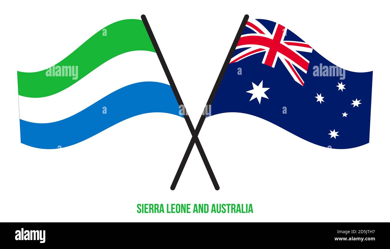 Sierra Leone et Australie drapeaux croisés et ondulant le style plat. Proportion officielle. Corriger les couleurs. Illustration de Vecteur