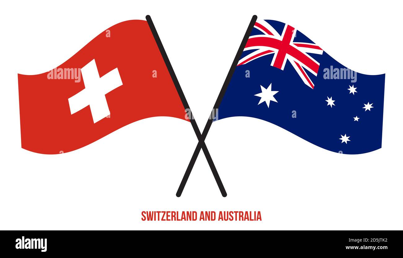 Suisse et Australie drapeaux croisés et ondulant style plat. Proportion officielle. Corriger les couleurs. Illustration de Vecteur