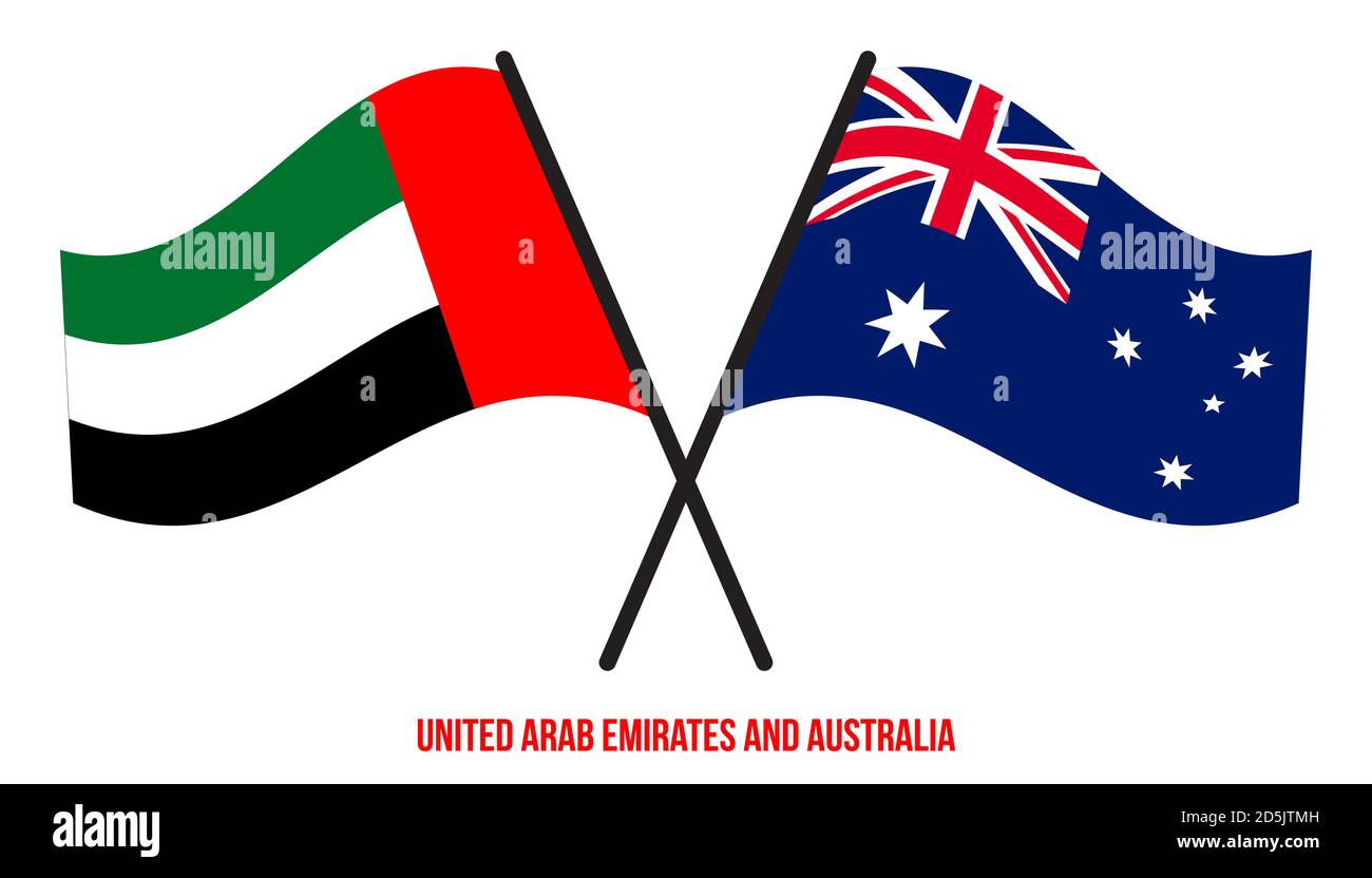 Émirats arabes Unis et Australie drapeaux croisés et ondulant le style plat. Proportion officielle. Illustration de Vecteur