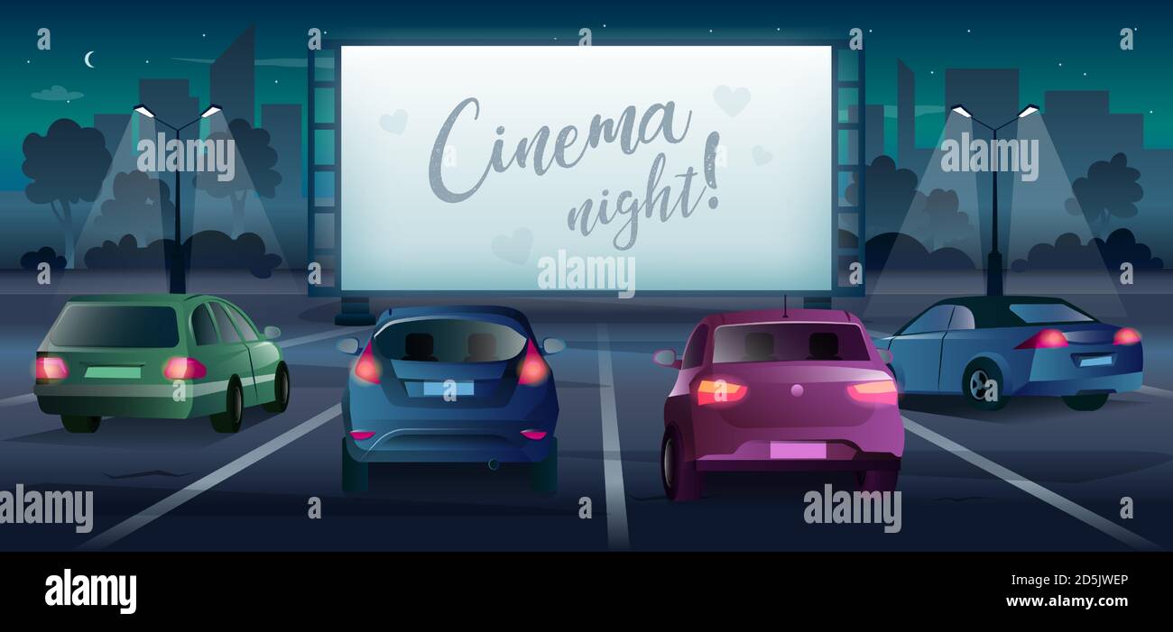 Bannière vecteur de nuit cinéma dans un style de dessin animé. Cinéma drive-in avec grand écran et affiche de voiture. Public regardant un film ou un spectacle romantique Illustration de Vecteur