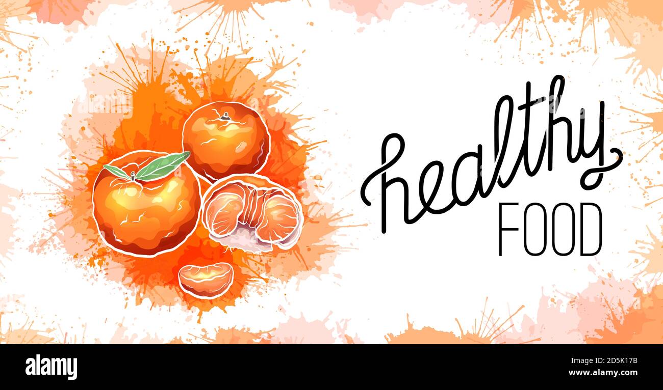 Une alimentation saine. Tangerine de dessin animé avec des touches d'aquarelle et des lettres. Ingrédient pour le régime de keto et guacamole avec citation. Carte d'art vectoriel pour moi Illustration de Vecteur