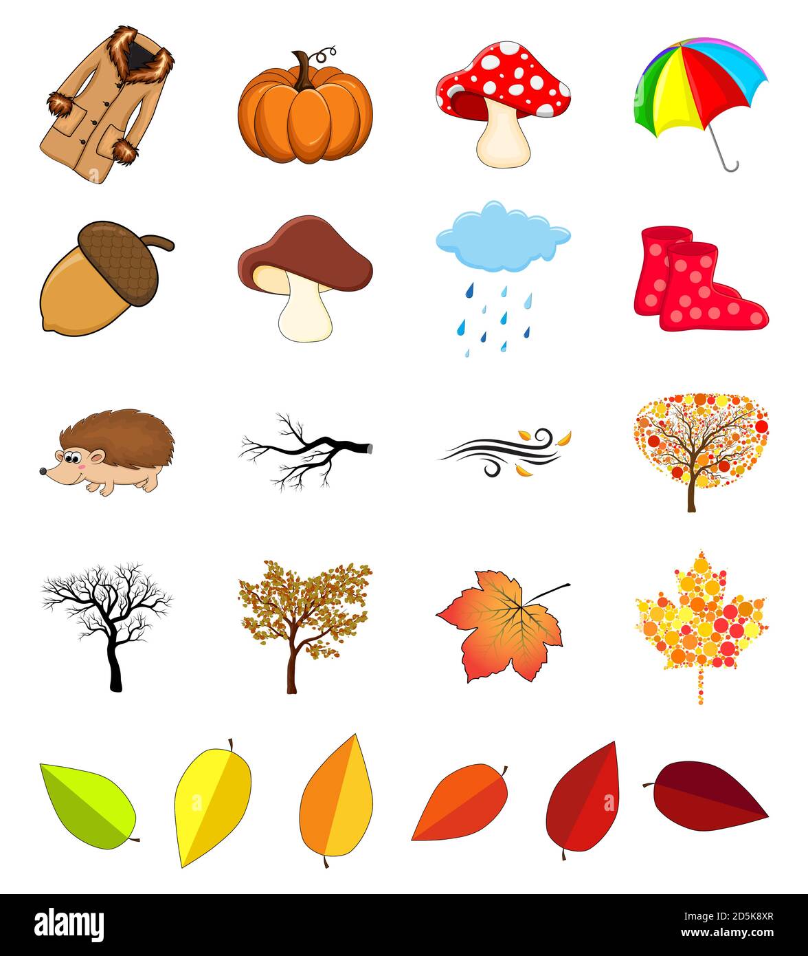 Jeu d'icônes d'automne. Collection de symboles d'automne de dessin animé isolée sur fond blanc. Éléments d'illustration automnale pour le motif vectoriel d'octobre. Icône saisonnière Illustration de Vecteur