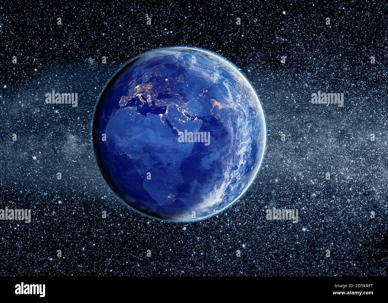 Planète Terre depuis l'espace au-dessus de l'Europe Moyen-Orient et Afrique la nuit avec les lumières de la ville et le concept des étoiles Banque D'Images