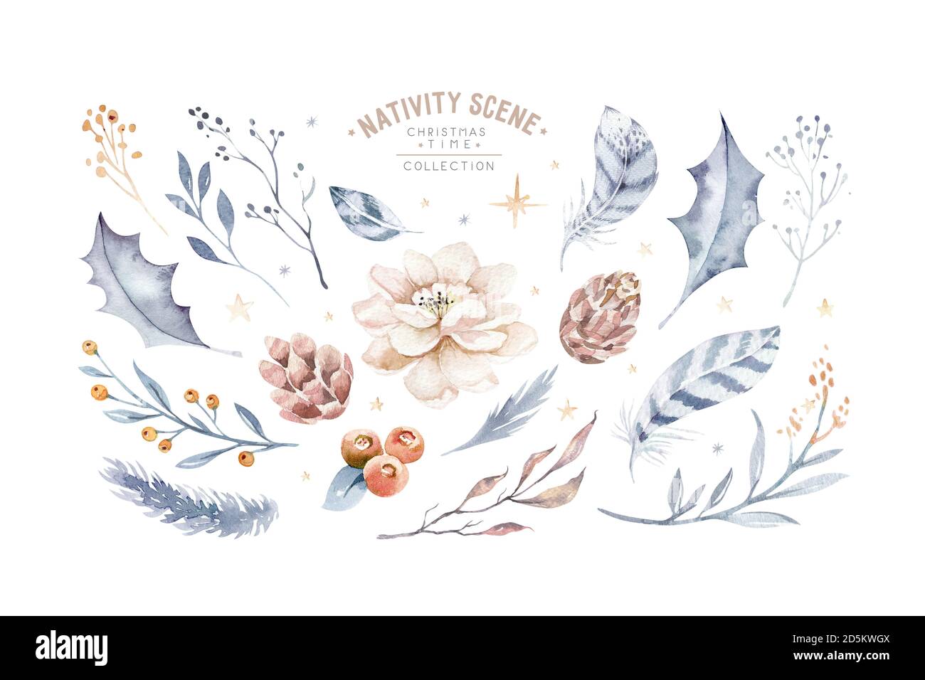 Les éléments de conception isolés du nouvel an. Les feuilles et les baies, les cônes de pin, les brindilles, l'orange, le coton. Illustration aquarelle. Banque D'Images