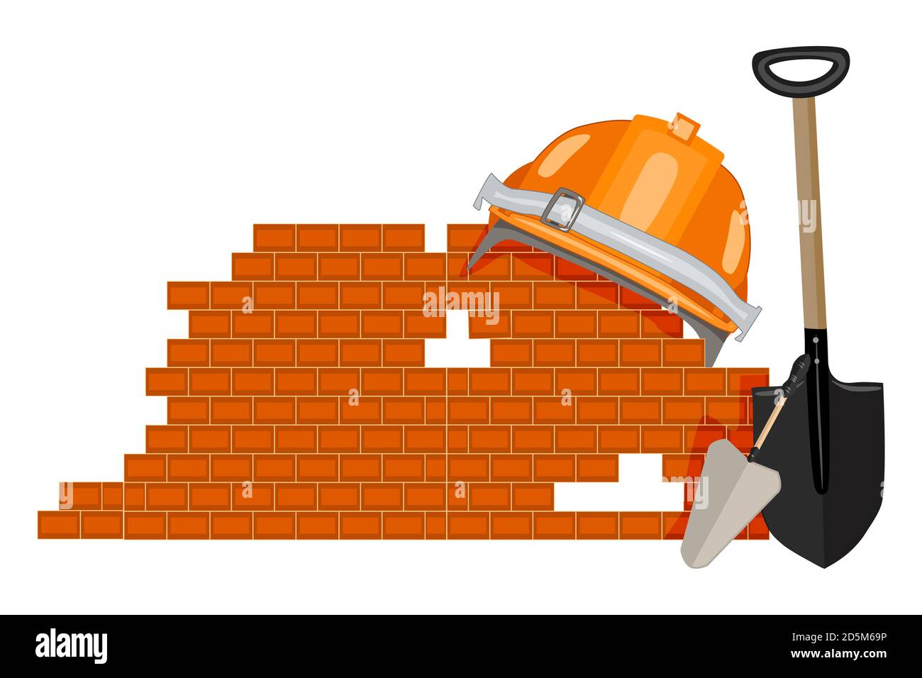 Icône en forme de briqueteau sur fond blanc. Panneau de pose de brique avec casque, brique, pelle et truelle. Labor Day.Workers Day.Construction Company logo.Vector Illustration de Vecteur