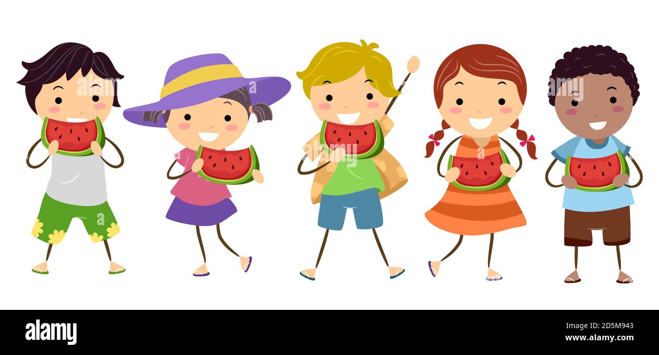 Illustration de Stickman Kids Eating a Slice of Watermelon Banque D'Images