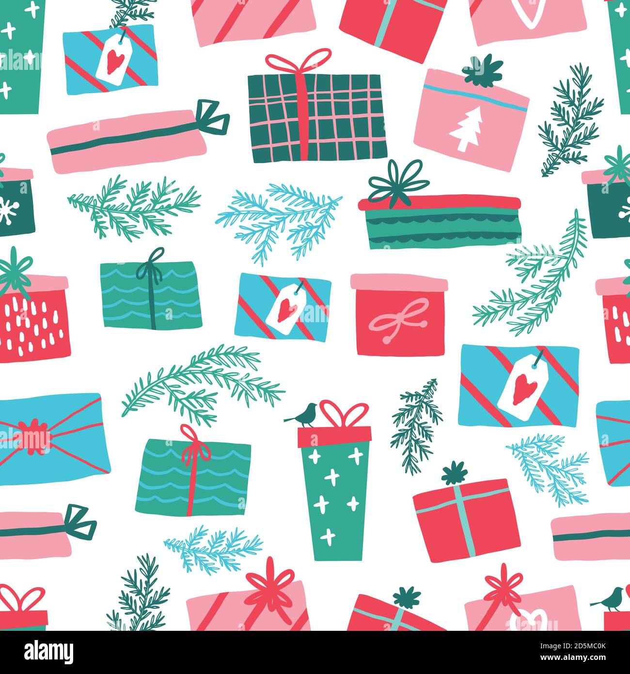 Motif cadeau Vector coloré sans couture. Boîtes cadeaux sur fond blanc. Colore les boîtes avec des arcs et des branches d'épinette. Illustration de Vecteur