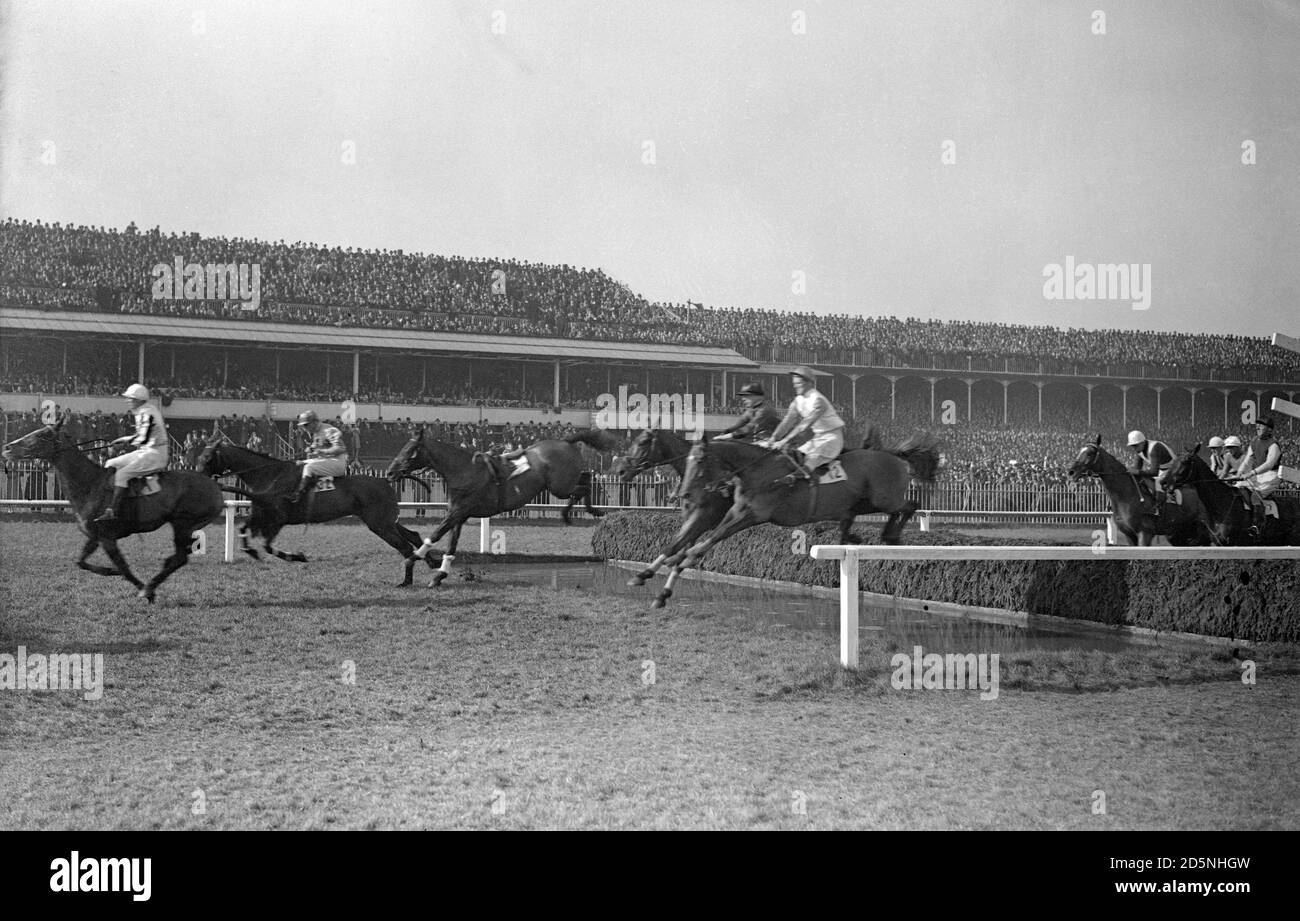 Le terrain qui prend le premier saut en eau pendant le Grand National 1931 à l'hippodrome d'Aintree. Banque D'Images