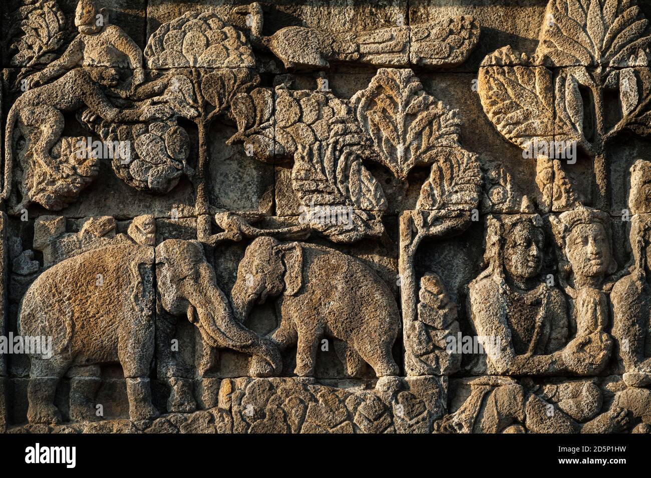 Vue de près horizontale de l'un des bas-reliefs magnifiquement ornementés du temple bouddhiste Borobudur, Borobudur, Java, Indonésie Banque D'Images