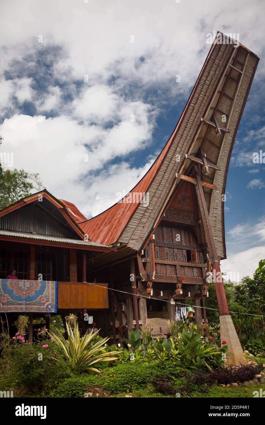 Vue verticale d'un tongkonan, maison ancestrale traditionnelle de Torajan, Sulawesi, Indonésie Banque D'Images