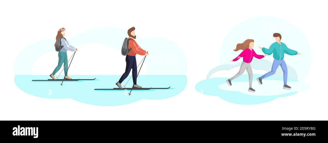 Jeune couple se reposant dans la nature d'hiver. Homme et femme ski. Patinage sur glace pour garçons et filles. Vacances activités de plein air amis s'amuser. Illustration vectorielle isolée Illustration de Vecteur