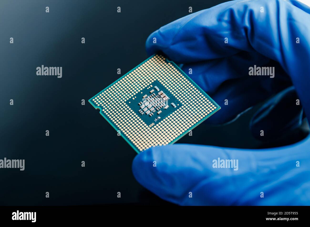 Gros plan sur une nouvelle puce à semi-conducteurs dans la main gantée d'un informaticien. Technologie moderne et développement de matériel Banque D'Images
