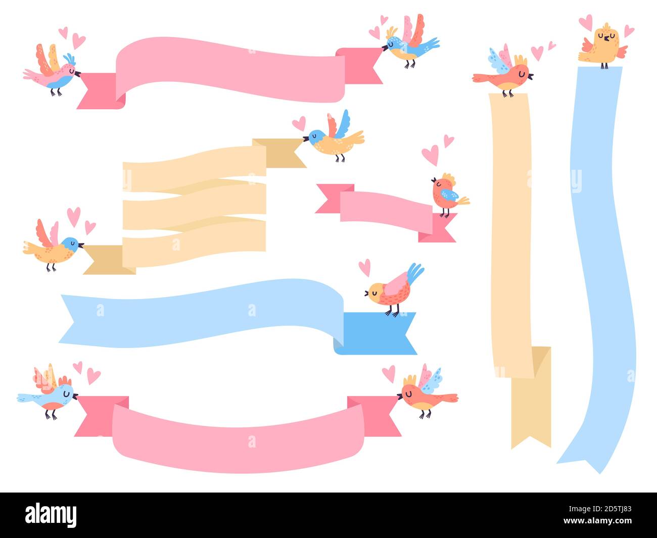 Oiseaux avec ruban. Adorable petits oiseaux volants tenant des bannières de ruban, oiseaux dessinés à la main avec des bannières vecteur illustration symboles ensemble Illustration de Vecteur