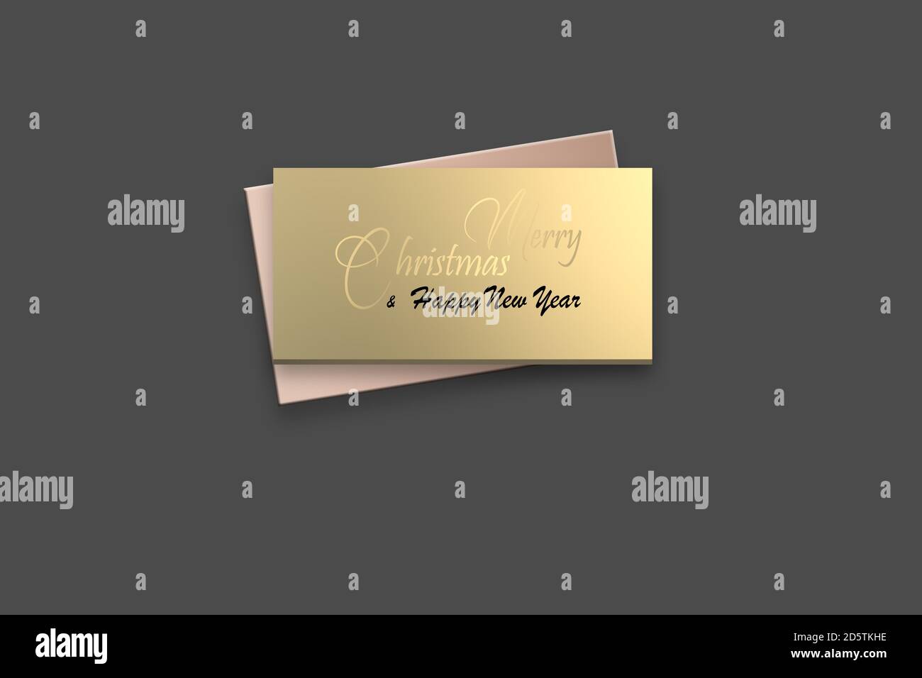 Décoration de luxe minimaliste dorée de Noël. Plaque métallique dorée brillante avec texte Merry Christmas Bonne Année. Invitation, accueil, carte de visite élégante. Rendu 3D. Place pour le texte, maquette Banque D'Images