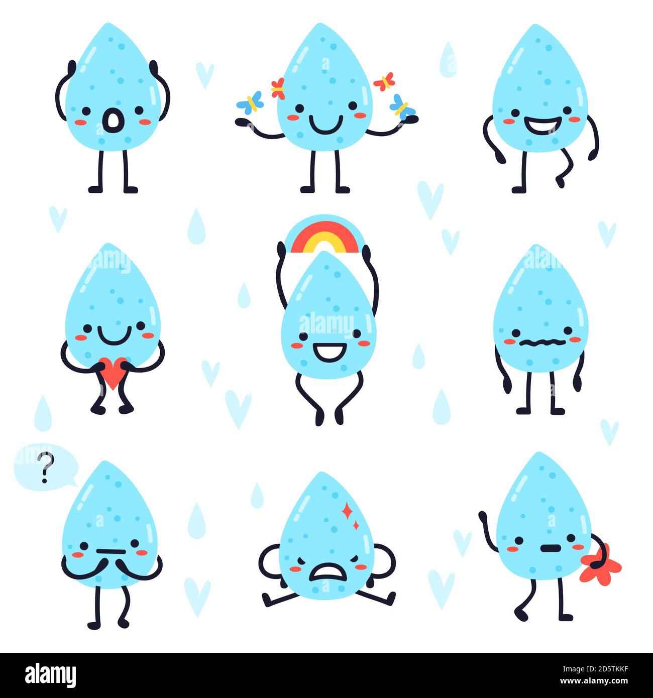 De jolies gouttes d'eau. Gouttes d'eau joyeuses dessinées à la main, gouttes de pluie, gouttes d'eau kawaii aqua, gouttes d'eau visage expressions caractère vecteur jeu d'illustrations Illustration de Vecteur