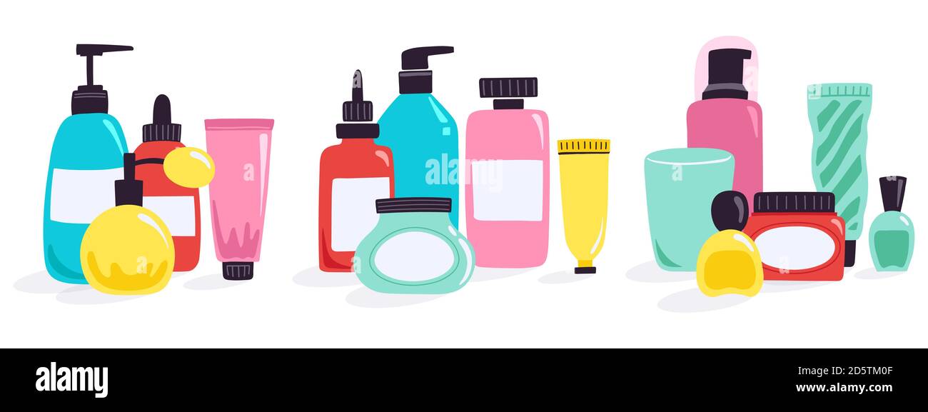 Bouteilles cosmétiques. Récipients et tubes en plastique, cosmétiques organiques, pots de crème, compte-gouttes et distributeur, kit d'illustrations vectorielles pour produits de soin du visage Illustration de Vecteur