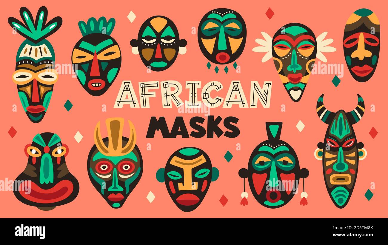 Masques anciens africains. Tribe masque ethnique, rituel totem religion masques faciaux, aztèque, africain et hawaïen masques autochtones ensemble d'illustration vectorielle Illustration de Vecteur