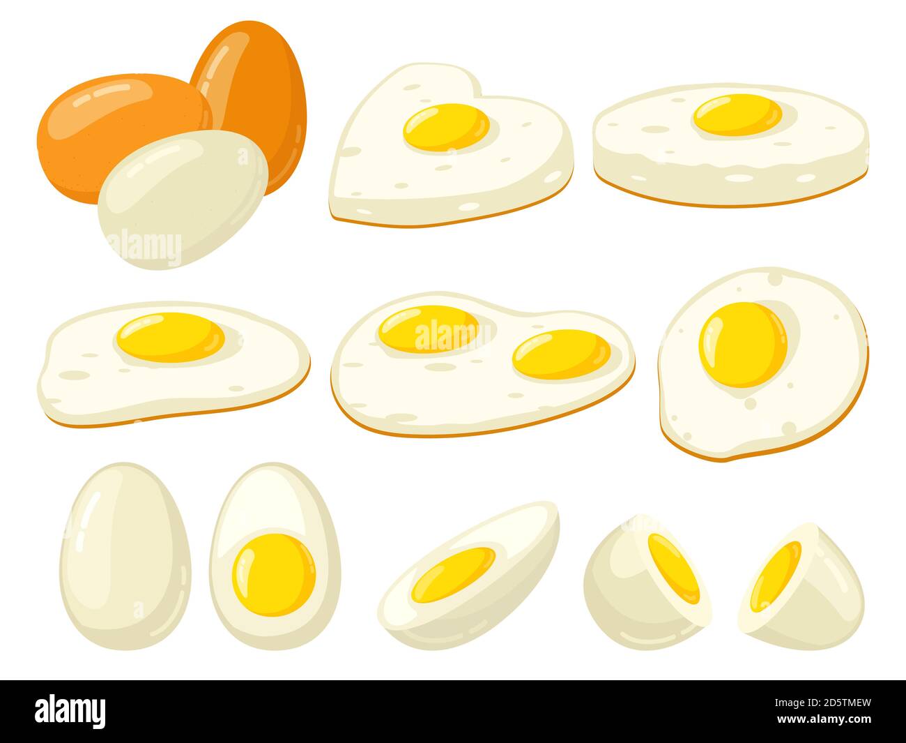 Œufs cuits au dessin animé. Œufs frits, durs, durs, en tranches, avec jaune d'œuf, ingrédients protéinés pour le petit déjeuner. Jeu d'illustrations vectorielles de produits agricoles biologiques Illustration de Vecteur