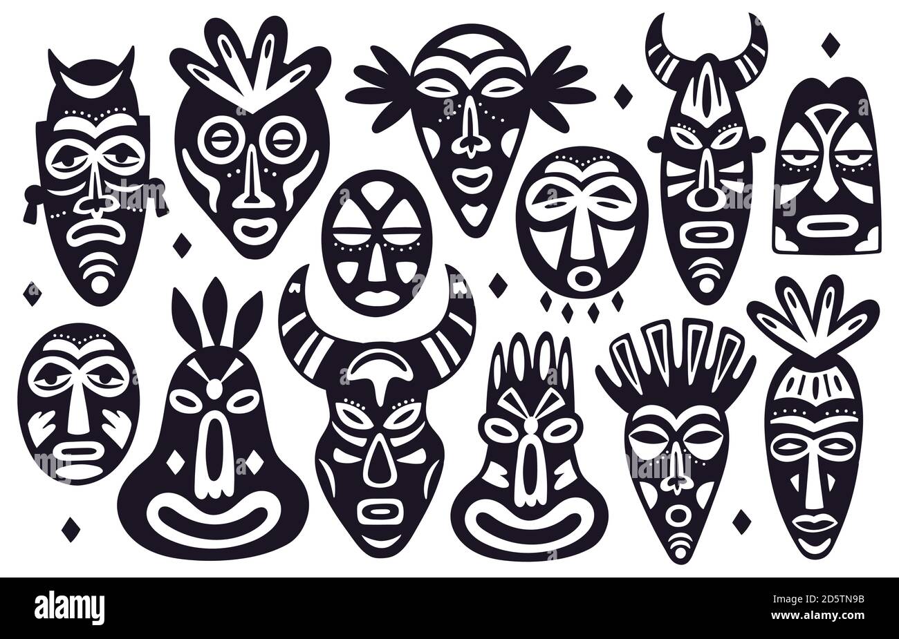 Masques tribaux silhouettes. Masques de visage anciens totem religieux africains, masques de visage ethnique hawaïen dessinés à la main, masques rituels ensemble d'illustration vectorielle Illustration de Vecteur