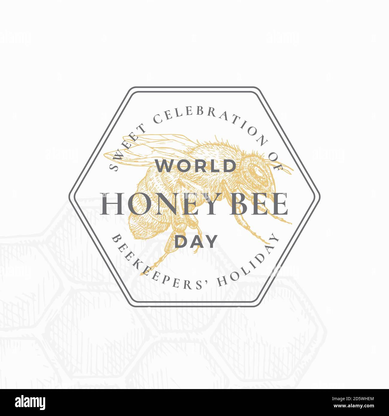 Modèle de badge ou de logo de la Journée mondiale des abeilles. Esquisse d'intersection dessinée à la main avec Typographie et bordures rétro. Emblème des fêtes de fin d'année Premium vintage Illustration de Vecteur
