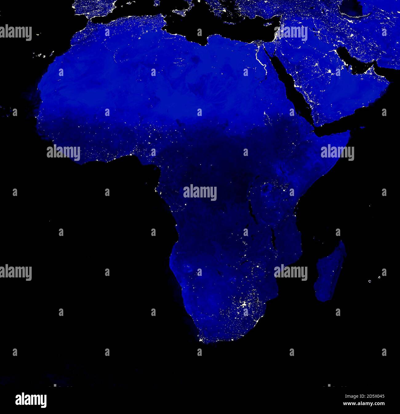 Carte des feux électriques du continent africain la nuit. Lumières de la ville. Carte de l'Afrique. Vue de l'espace Banque D'Images