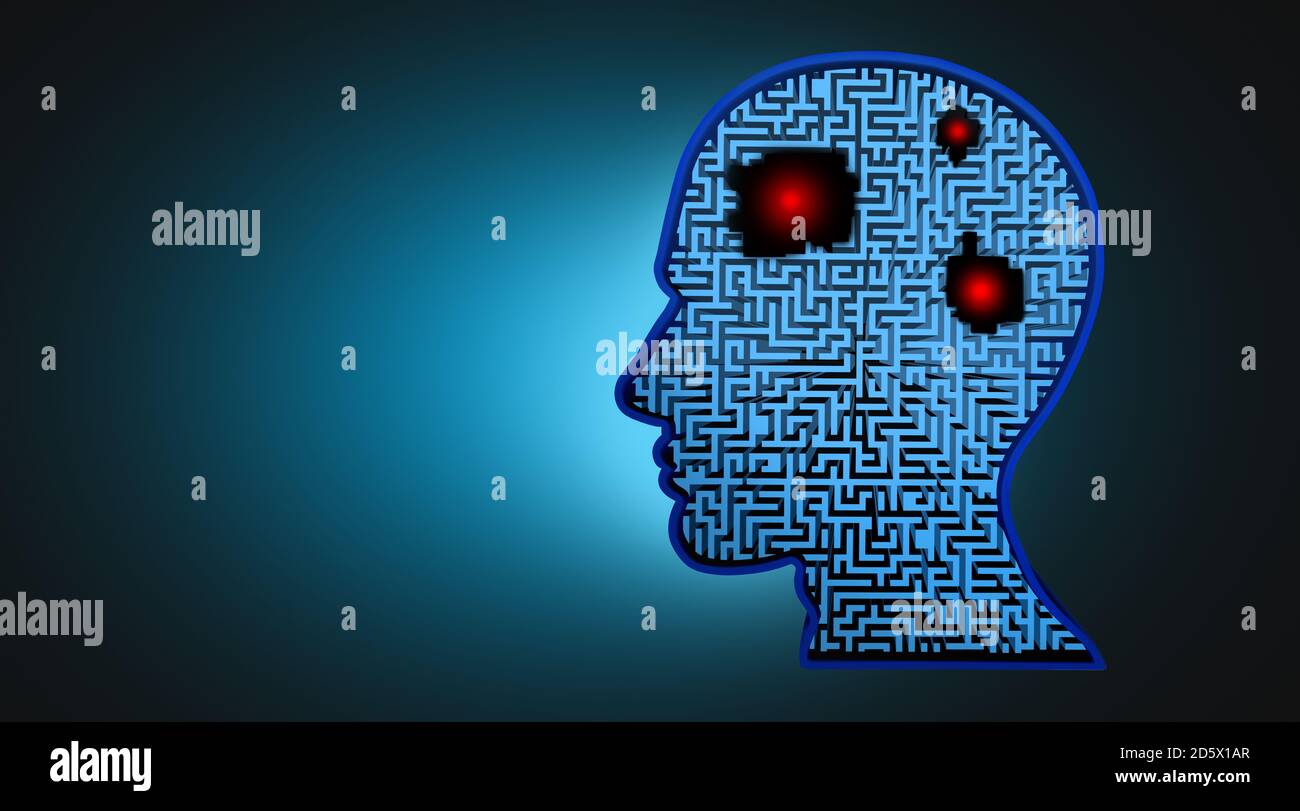 Concept de cancer du cerveau et symbole de tumeur maligne en tant que symbole de neurologie et de neuroscience des cellules malignes se propageant à l'intérieur d'une tête humaine. Banque D'Images