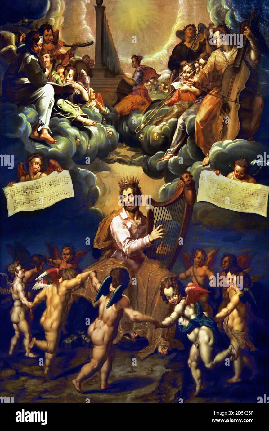 Éloge de Dieu par le roi David et Saint Cecilia 1550 -1586 Pierre Candid - Pieter de Witte, (Candido, Pietro.) 1548 - 1628, belge, belge, flamande. Banque D'Images