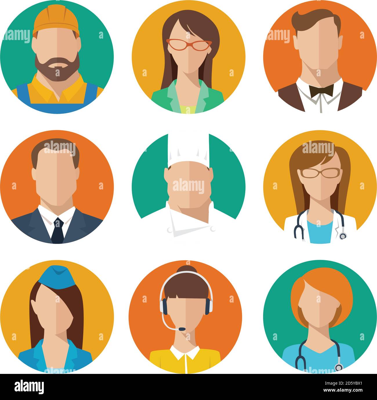 Ensemble de neuf métiers différents avatars masculins et féminins. Illustration de Vecteur