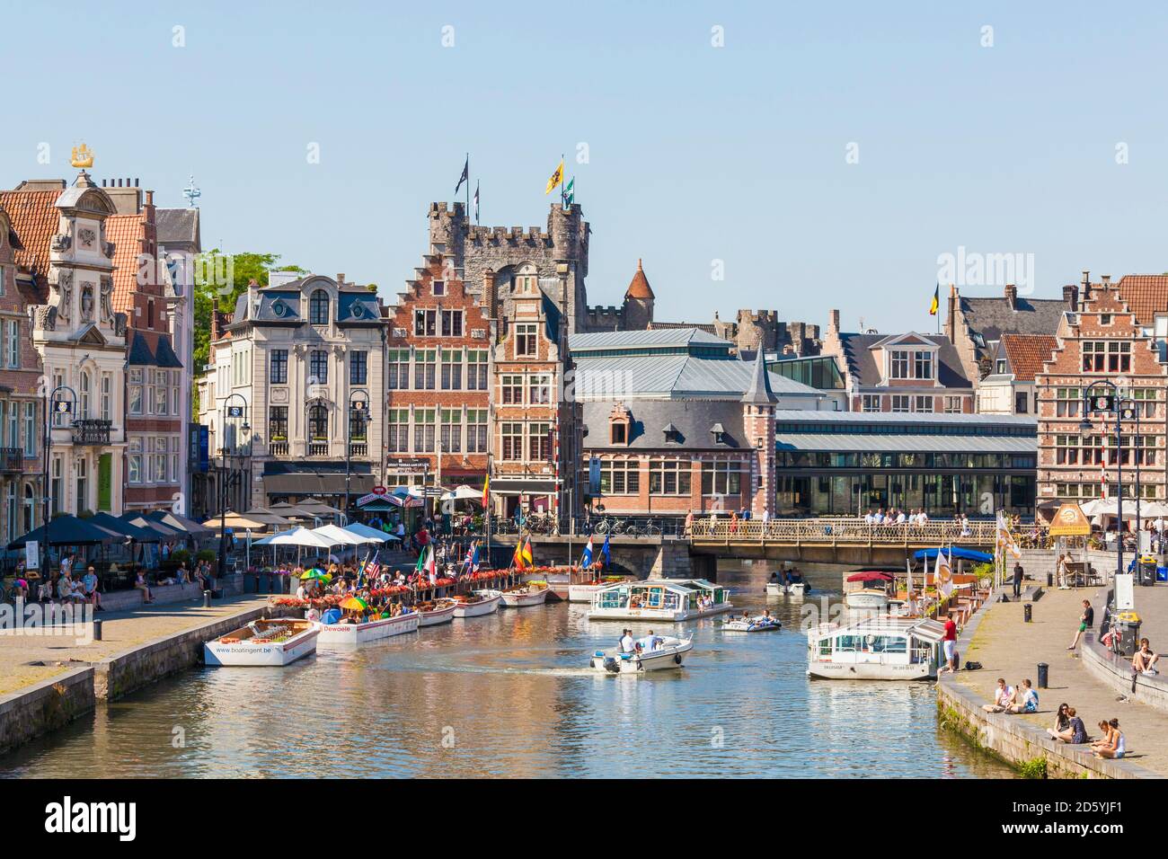 Belgique, Flandre, Gand, Port, maisons aux bords de la rivière Lys Banque D'Images