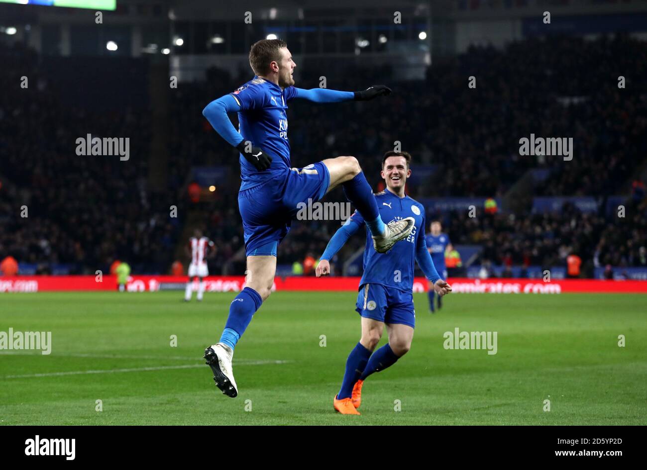 Jamie Vardy de Leicester City célèbre son premier but du jeu Banque D'Images