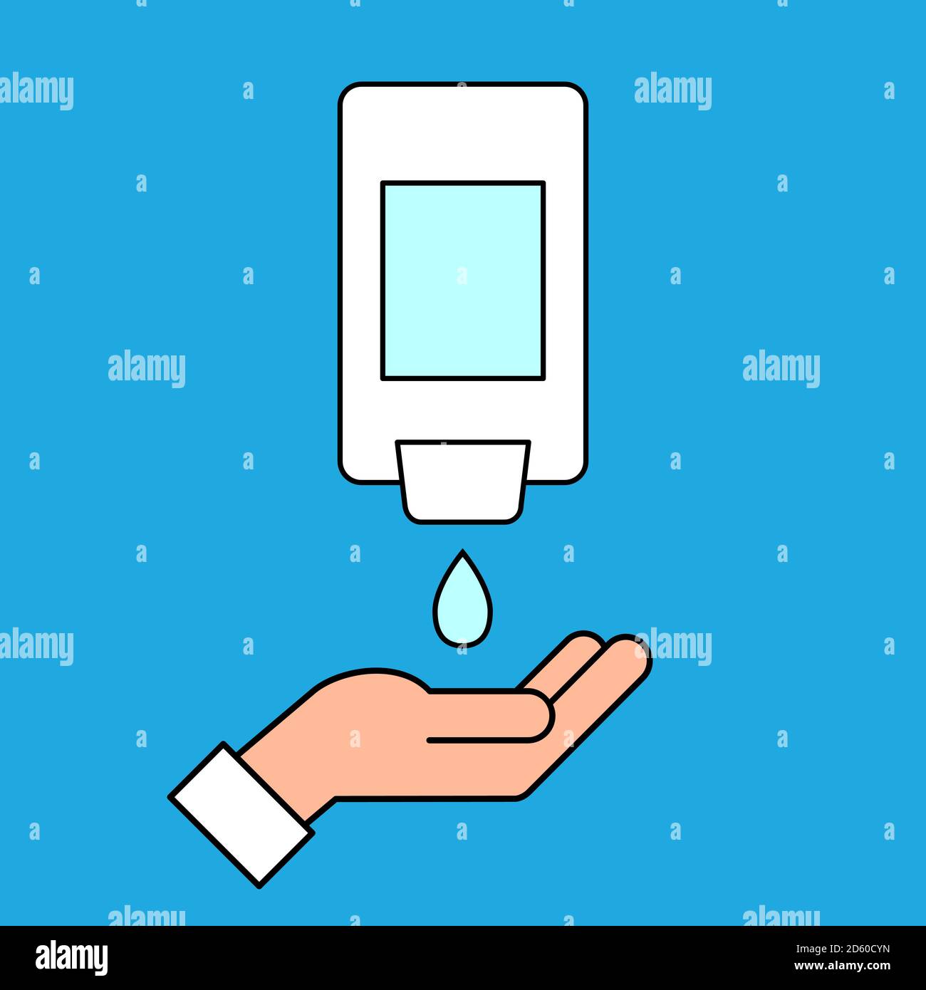Distributeur mural de désinfectant pour les mains avec une main. Couleur de l'icône de ligne. Distributeur de savon liquide à accrocher au mur. Se laver et se désinfecter les mains. Vecteur Illustration de Vecteur