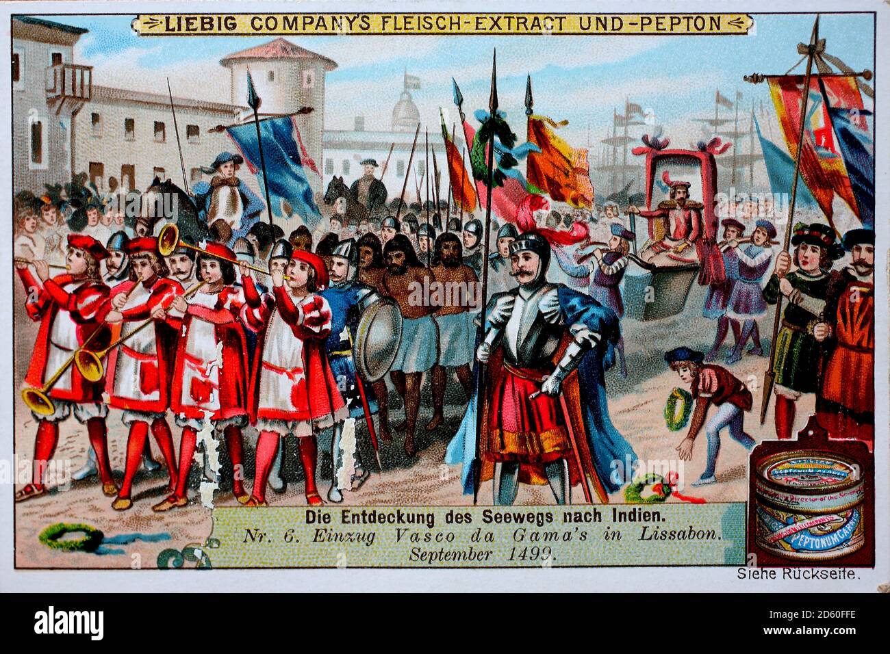 Série de photos la découverte de la route maritime vers l'Inde, retrait de Vasco da Gama à Lisbonne, septembre 1499 / Bilderserie Die Entmattung des Seewegs nach Indien, Einzug von Vasco da Gama à Lissabon, septembre 1499, Liebigbild, reproduction numérique améliorée d'une image collectable de la société Liebig, Estimation à partir de 1900, pd / digital verbesserte Reproduktion eines Sammelbildes von ca 1900, gemeinfrei Banque D'Images