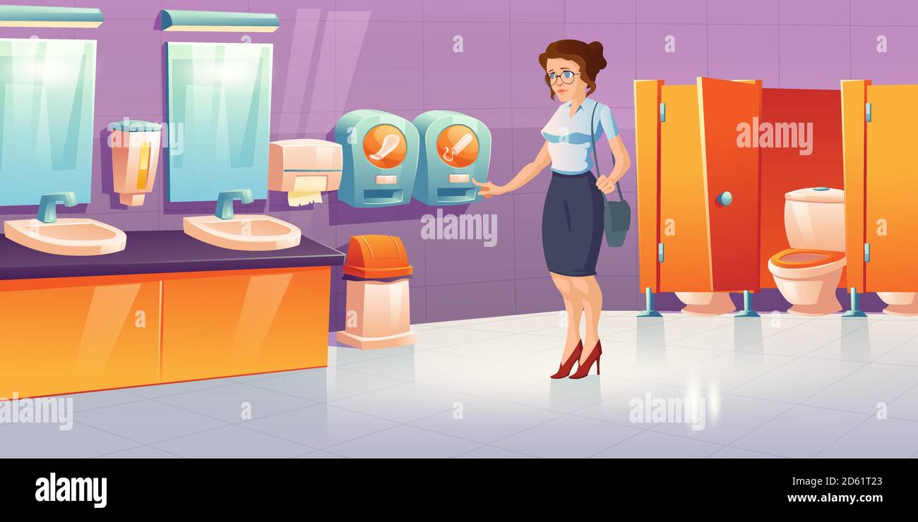 Femme dans les toilettes publiques avec des distributeurs automatiques de tampons et de tampons. Dessin animé vectoriel à l'intérieur des toilettes, lavabo et miroirs. Fille avec menstruation dans les toilettes féminines Illustration de Vecteur