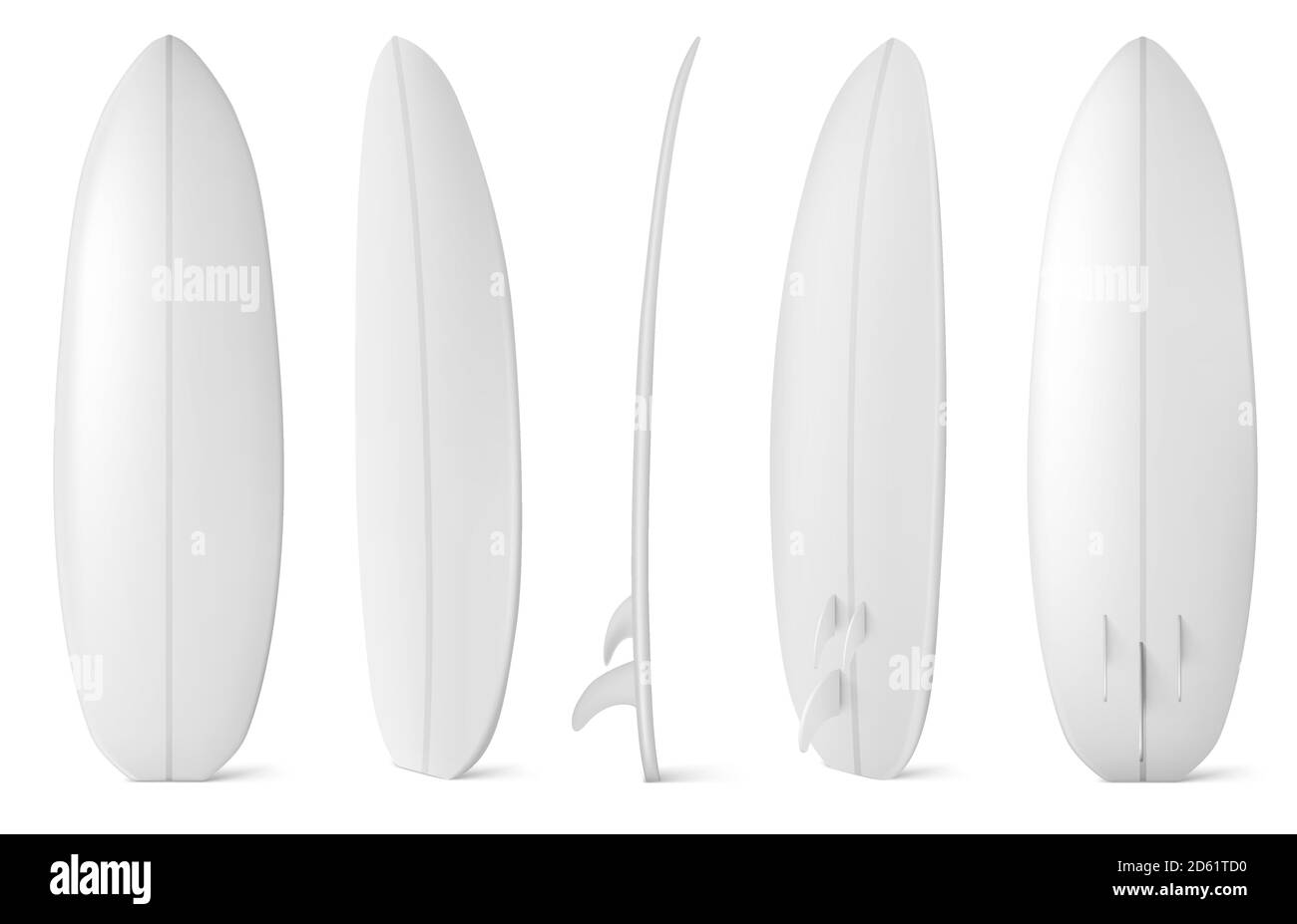 Vue avant, latérale et arrière de la planche de surf blanche. Vector maquette réaliste de longue planche vierge pour les activités de plage d'été, surf sur les vagues de la mer. Équipement de sport de loisirs isolé sur fond blanc Illustration de Vecteur