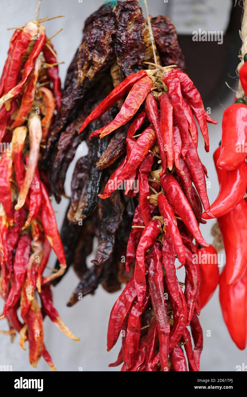 Bouquet de poivrons rouges de lanterne au piment. Une pile de poivrons rouges est suspendue sur un stand de marché. Poivron rouge séché accroché au mur Banque D'Images