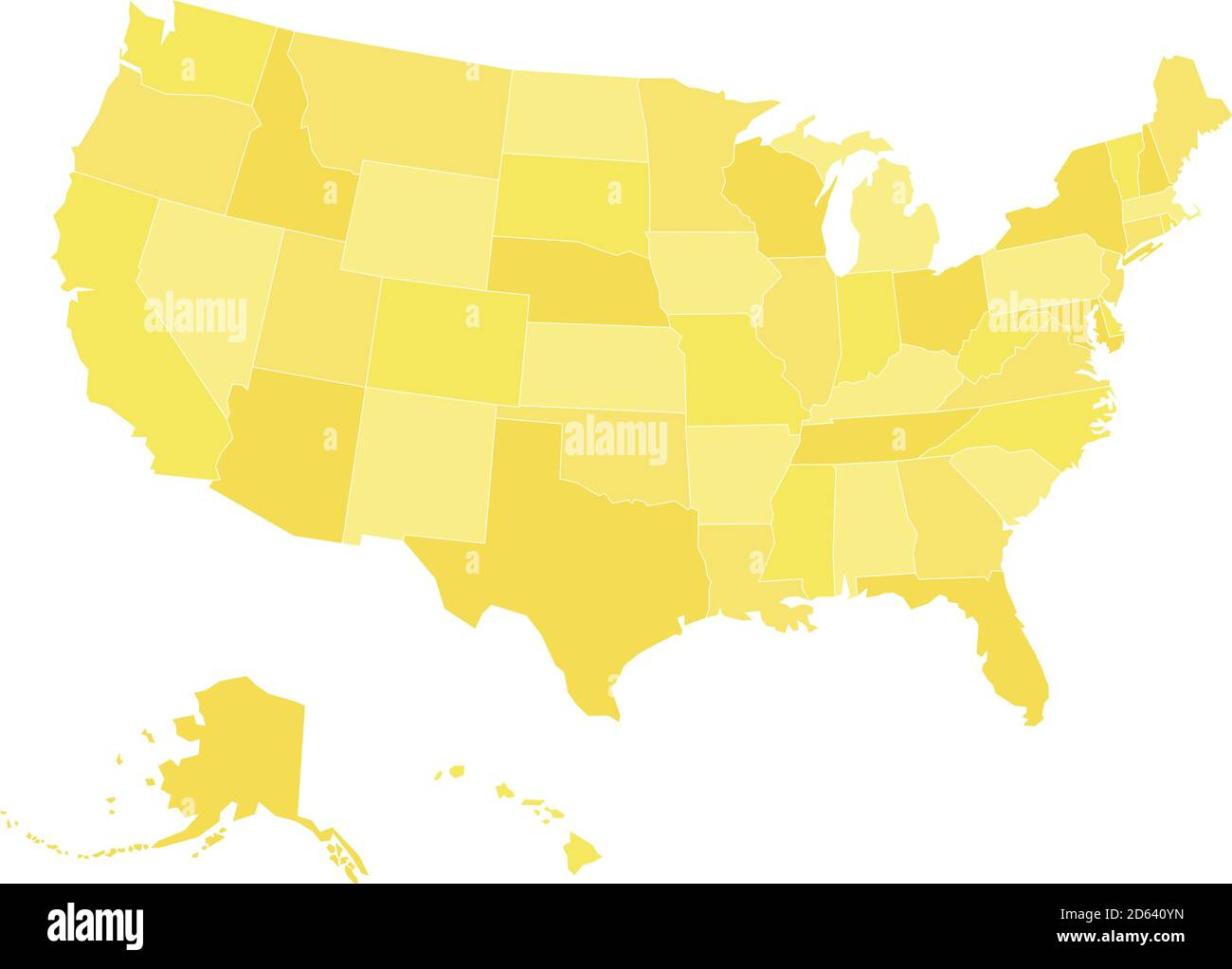 Carte vierge des États-Unis d'Amérique, alias USA, divisée en quatre nuances de jaune. Illustration vectorielle plate simple sur fond blanc. Illustration de Vecteur