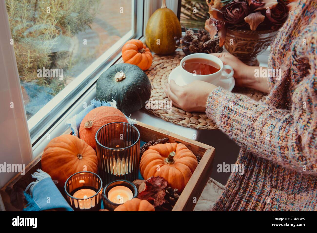 Les femmes tiennent une tasse de thé près de l'automne ambiance chaleureuse composition sur le rebord de la fenêtre. Citrouilles, cônes, bougies sur plateau en bois automne, automne, hygge maison Banque D'Images