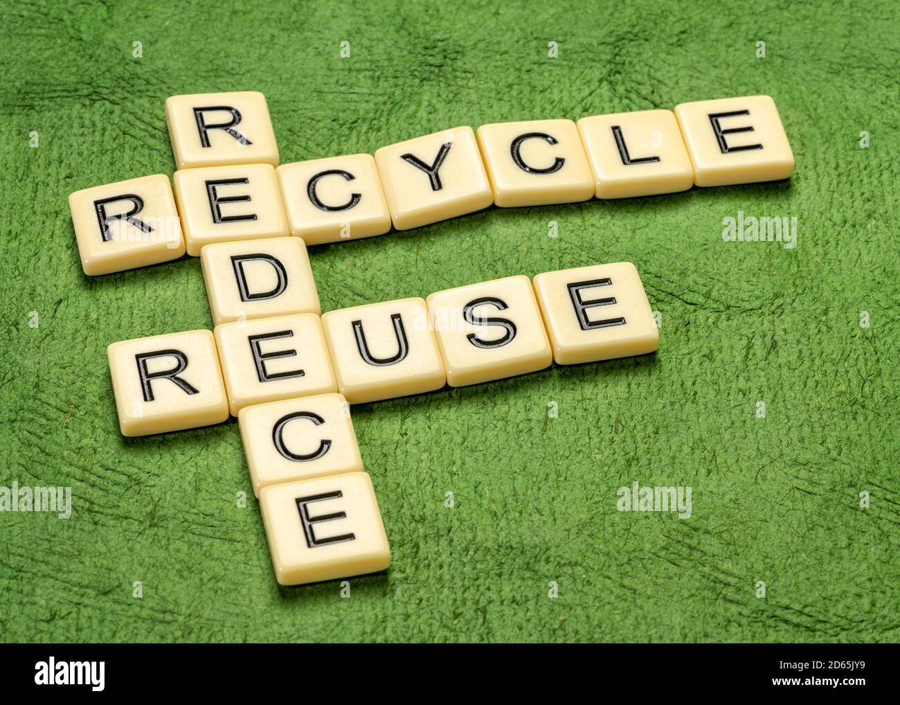 réduire, réutiliser et recycler les mots croisés en lettres ivoire contre le papier texturé vert, la préservation de l'environnement et le concept de durabilité Banque D'Images