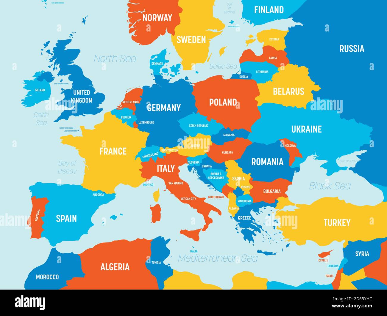 Carte de l'Europe - 4 couleurs vives. Carte politique détaillée du  continent européen avec étiquetage des noms de pays, d'océan et de mer  Image Vectorielle Stock - Alamy