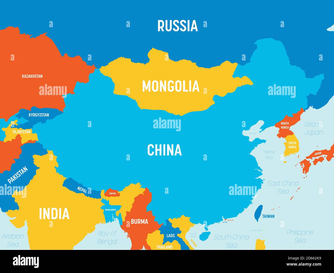 Carte de la Chine - 4 couleurs vives. Carte politique détaillée de la Chine et des pays voisins avec étiquetage des noms de pays, d'océan et de mer. Illustration de Vecteur