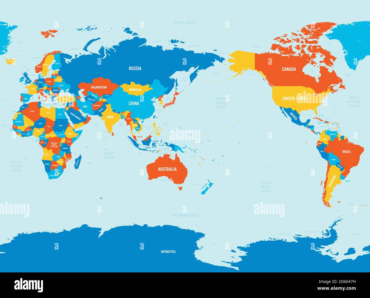 Carte du monde - centrée sur l'Asie, l'Australie et l'océan Pacifique. 4  couleurs vives. Carte politique détaillée du monde avec étiquetage des noms  de pays, d'océan et de mer Image Vectorielle Stock -