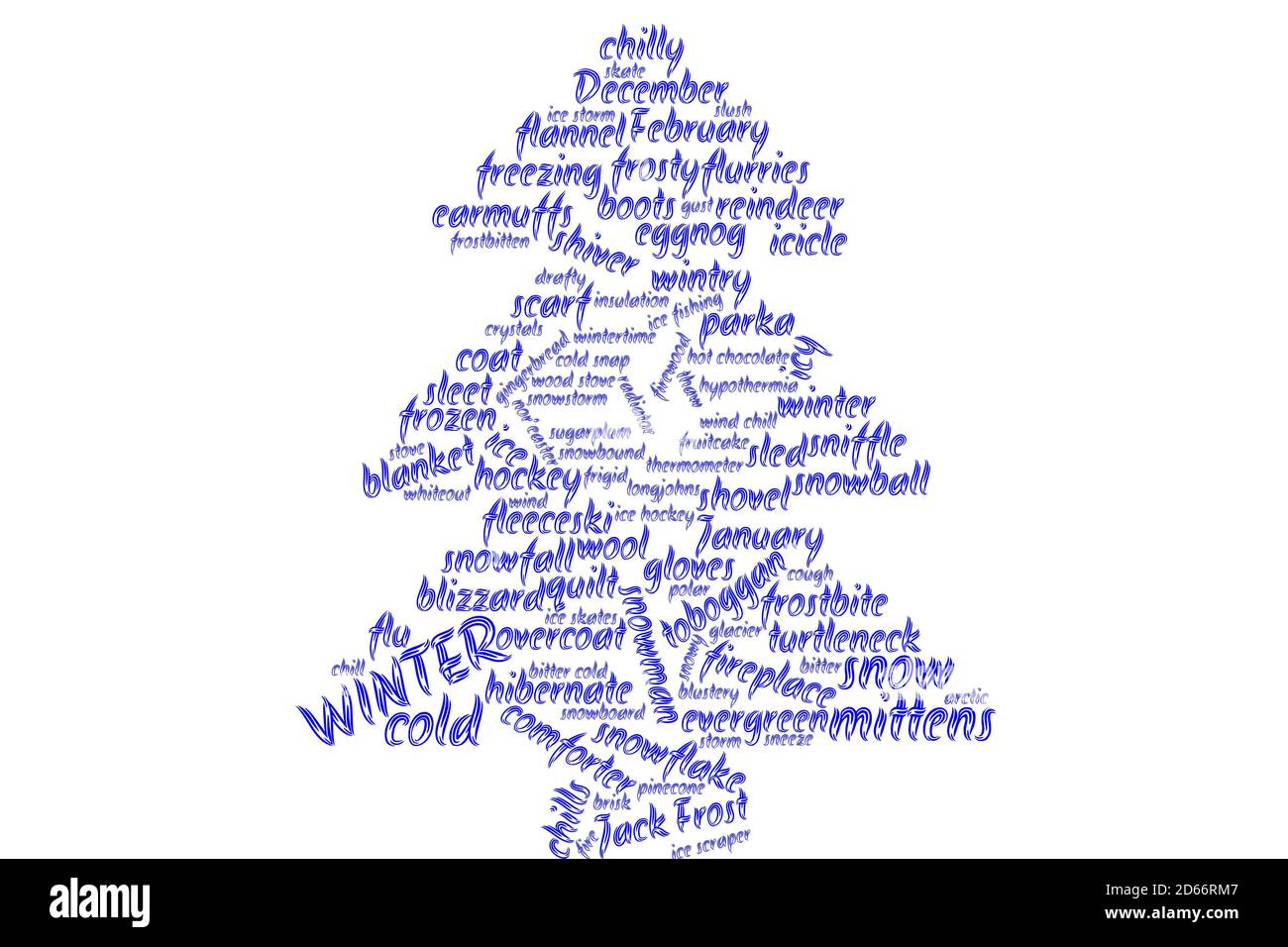 Tagcloud en forme de sapin, bleu sur fond blanc, en ce qui concerne l'hiver, concept pour temps froid, Noël Banque D'Images